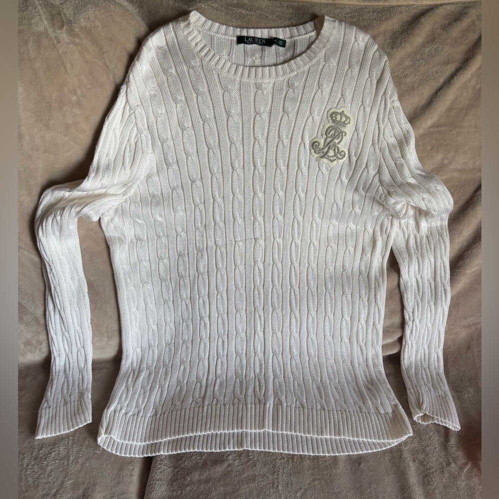 Vintage Lauren Ralph Lauren Cream Cable Knit Sweater Big Crest Preppy Womens XL